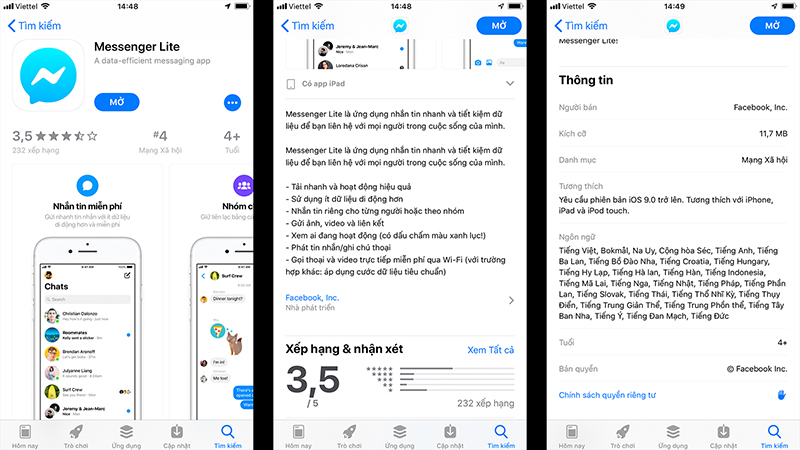 Facebook Messenger Lite cài đặt