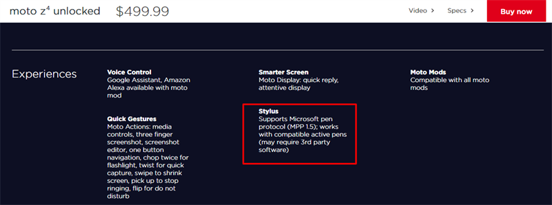 Thông tin Moto Z4 hỗ trợ bút stylus được đăng tải trên trang hỗ trợ của Motorola