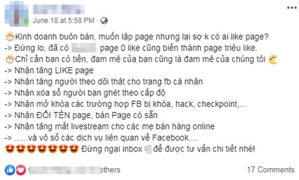 Những lời rao về mua bán Like, mở khóa tài khoản... đều vi phạm chính sách của Facebook.