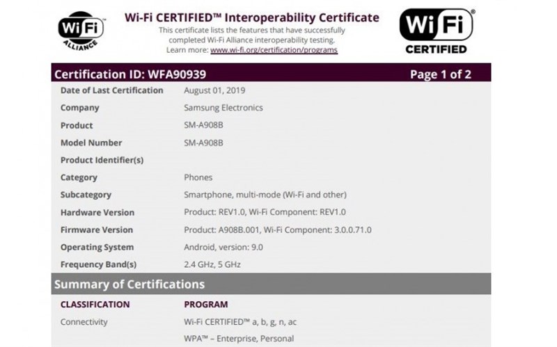 Samsung Galaxy A90 5G đạt chứng nhận Wi-Fi Alliance