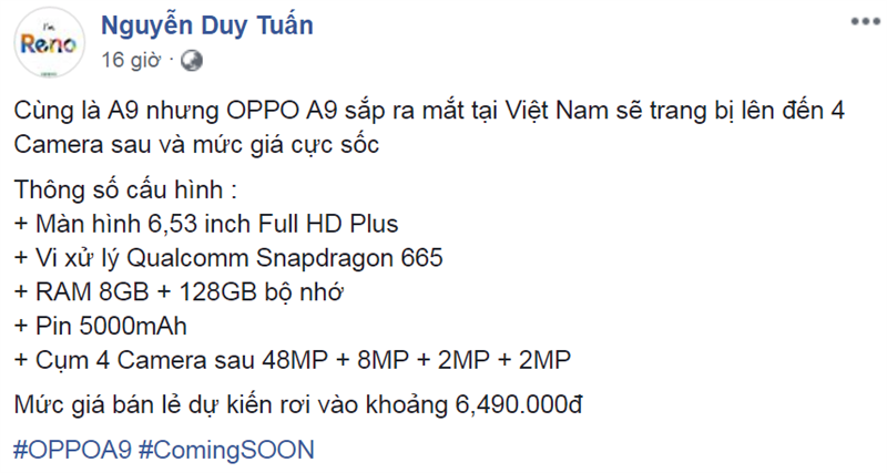 OPPO A9 sắp ra mắt tại Việt Nam: 4 camera sau, giá bán rất cạnh tranh