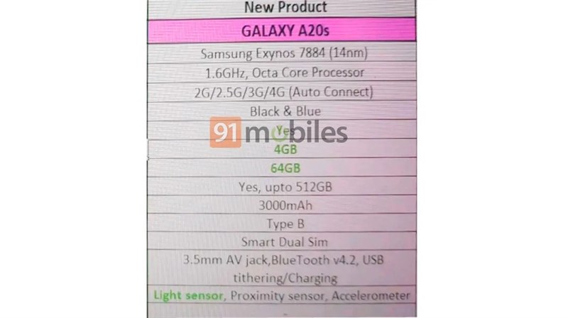 Rò rỉ đầy đủ cấu hình của Samsung Galaxy A20s: Exynos 7884, RAM 4GB, 3 camera Rò rỉ đầy đủ cấu hình của Samsung Galaxy A20s: Exynos 7884, RAM 4GB, 3 camera