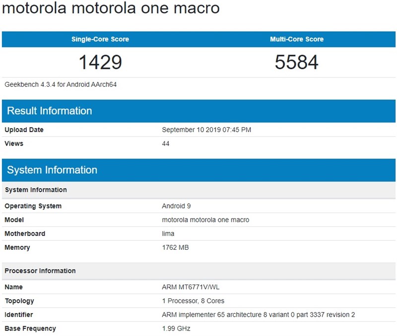 Motorola One Macro xuất hiện trên Geekbench