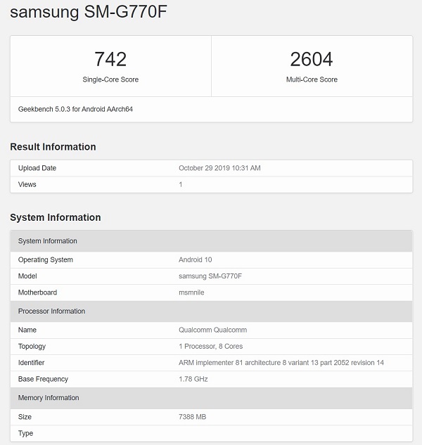 Galaxy S10 Lite có mặt trên Geekbench: Dùng chip Snapdragon 855, RAM 8GB, chạy Android 10