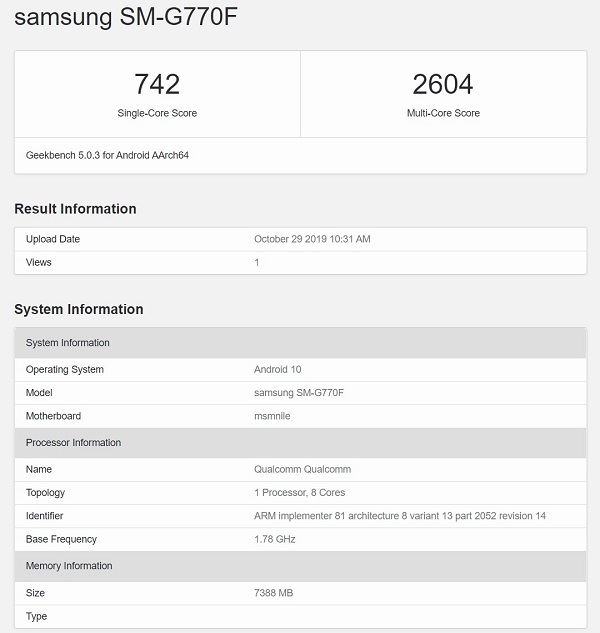 Cấu hình S10 Lite rò rỉ trên Geekbench Cấu hình S10 Lite rò rỉ trên Geekbench