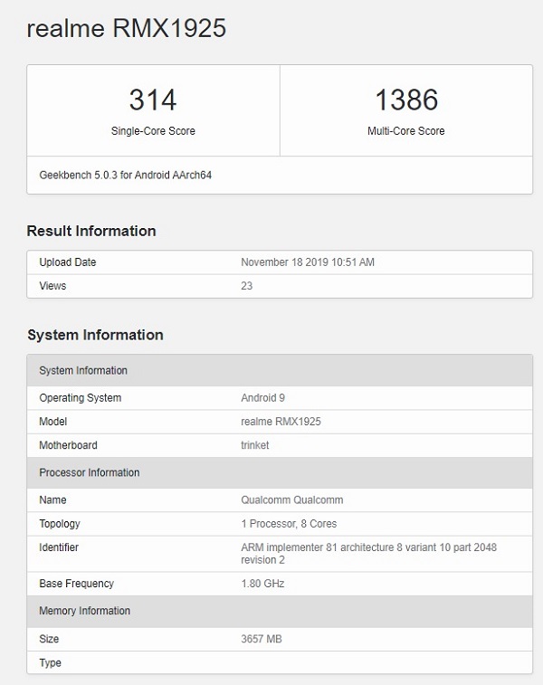 Realme 5s pin 5.000mAh, 4 camera 48MP lộ điểm số sức mạnh, cấu hình trên Geekbench Realme 5s pin 5.000mAh, 4 camera 48MP lộ điểm số sức mạnh, cấu hình trên Geekbench