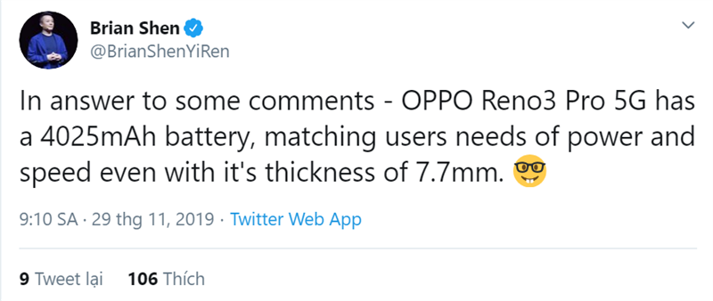 Phó chủ tịch OPPO xác nhận Reno3 Pro tuy có pin lớn nhưng vẫn giữ được độ mỏng Phó chủ tịch OPPO xác nhận Reno3 Pro tuy có pin lớn nhưng vẫn giữ được độ mỏng
