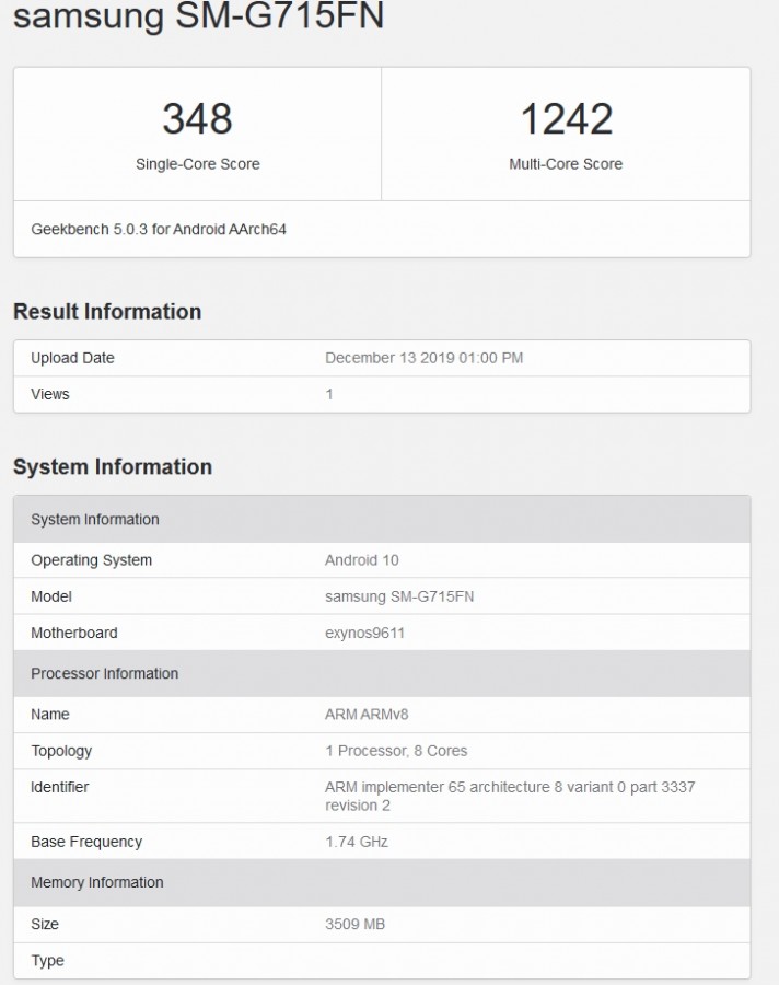 Samsung SM-G715FN cũng từng xuất hiện trên GeekBench 