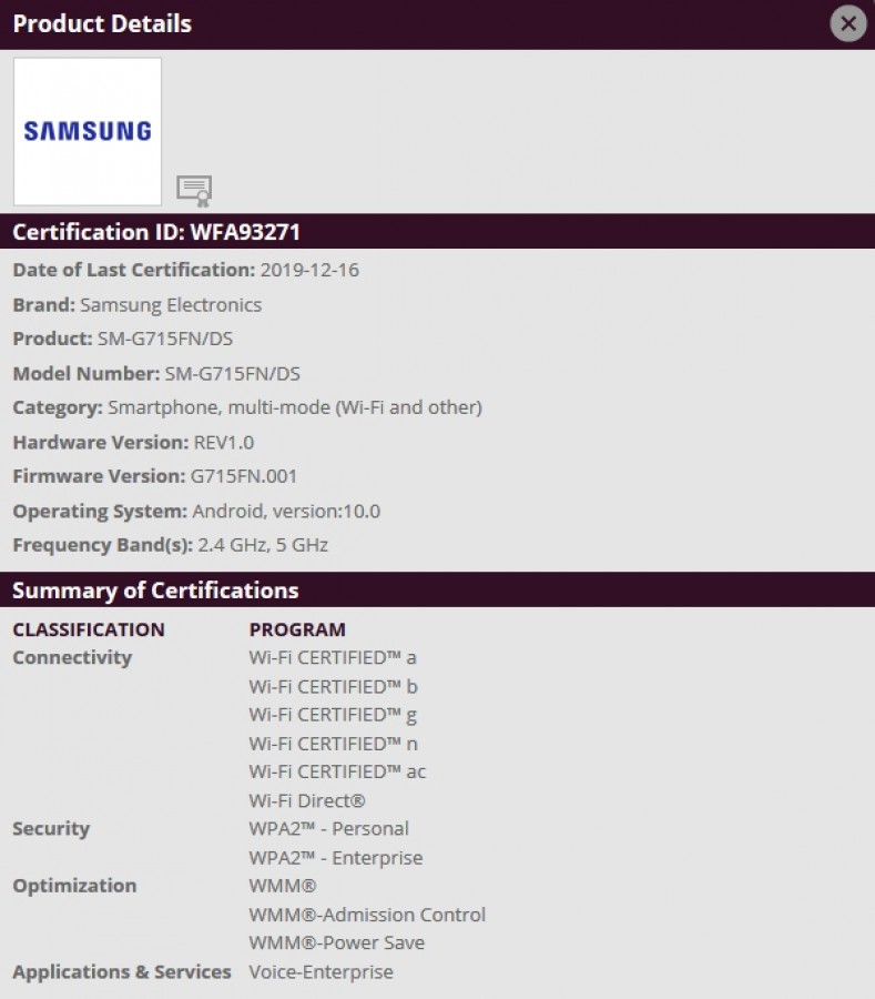 SM-G715F được chứng nhận Wi-Fi