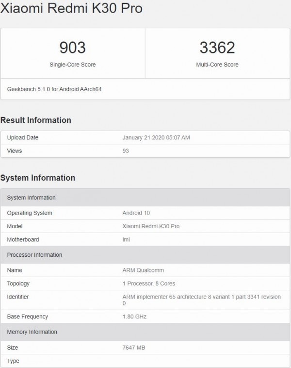 Redmi K30 Pro xuất hiện trên cơ sở dữ liệu của Geekbench Redmi K30 Pro xuất hiện trên cơ sở dữ liệu của Geekbench