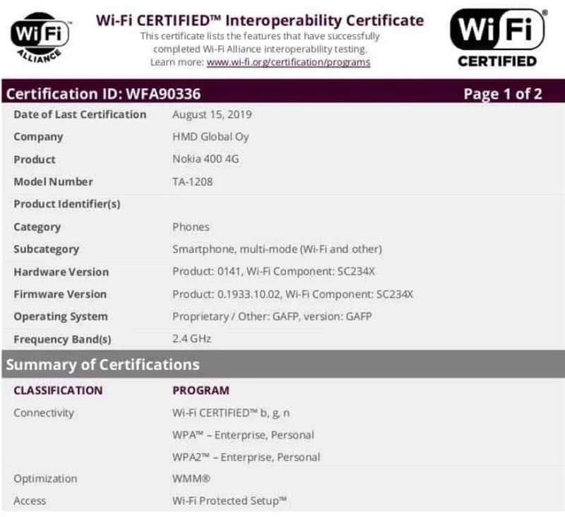 Nokia 400 4G đạt chứng nhận Wifi Nokia 400 4G đạt chứng nhận Wifi