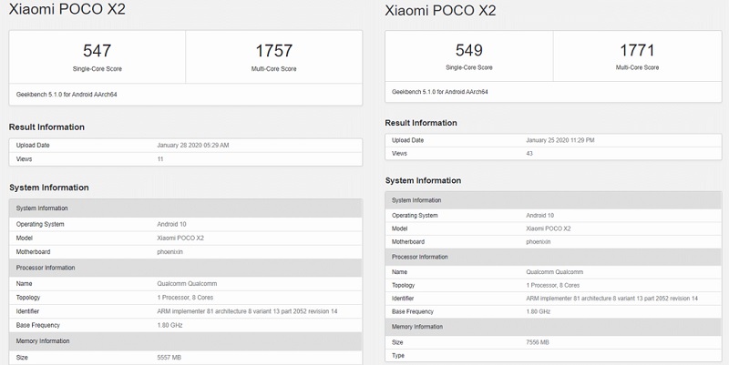 Poco X2 xuất hiện trên cơ sở dữ liệu Geekbench