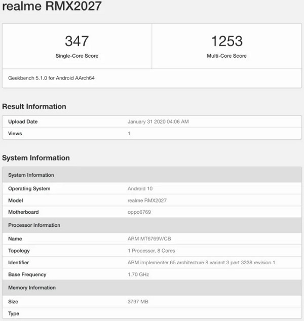 Smartphone nghi là Realme 6 xuất hiện trên Geekbench: Chip Helio P90, RAM 4GB, chạy Android 10 Smartphone nghi là Realme 6 xuất hiện trên Geekbench: Chip Helio P90, RAM 4GB, chạy Android 10