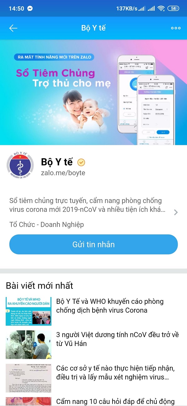 Kênh tin tức của Bộ Y tế trên ứng dụng Zalo Kênh tin tức của Bộ Y tế trên ứng dụng Zalo