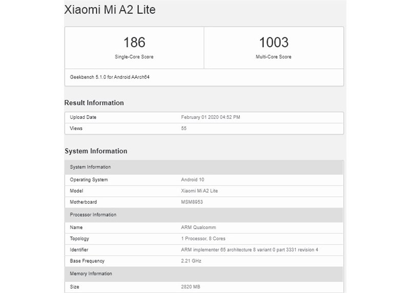 Xiaomi Mi A2 Lite chạy Android 10 tiếp tục xuất hiện trên Geekbench, ngày cập nhật Android 10 đang đến gần