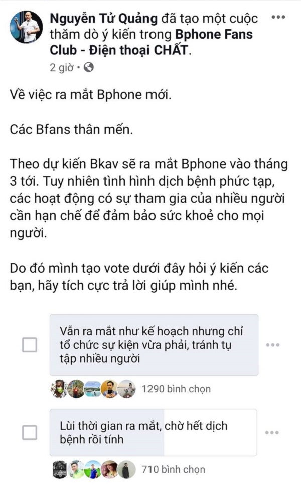 Cuộc khảo sát có nên ra mắt Bphone đúng lộ trình trên hội nhóm Bfan