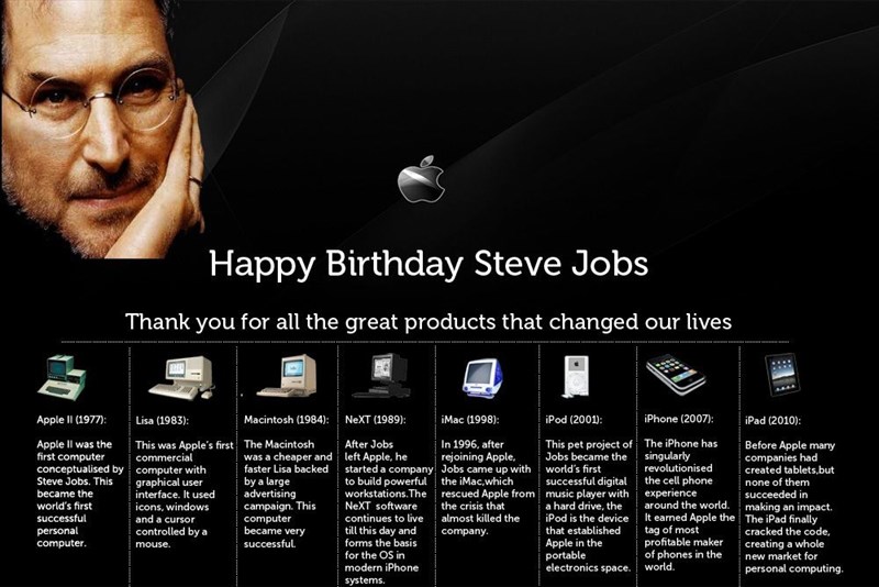 Chúc mừng sinh nhật thứ 65 của nhà đồng sáng lập, cố Giám đốc điều hành Apple - Steve Jobs Chúc mừng sinh nhật thứ 65 của nhà đồng sáng lập, cố Giám đốc điều hành Apple - Steve Jobs