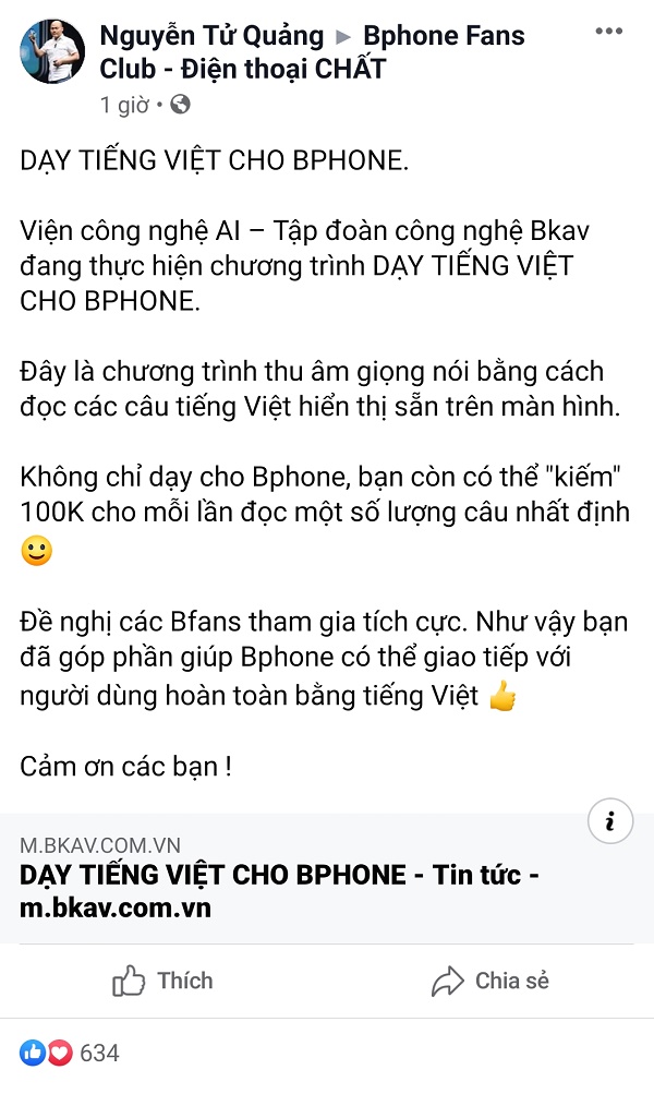 Bài post trên hội nhóm Bphone Fans Club