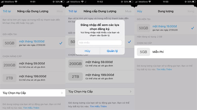 Hủy gói iCloud mua thêm