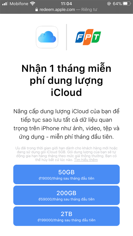 Nhận miễn phí dung lượng iCloud