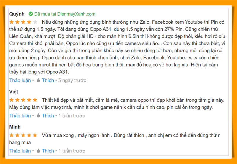 Phản hồi của người dùng về OPPO A31 trong những ngày đầu sử dụng Phản hồi của người dùng về OPPO A31 trong những ngày đầu sử dụng