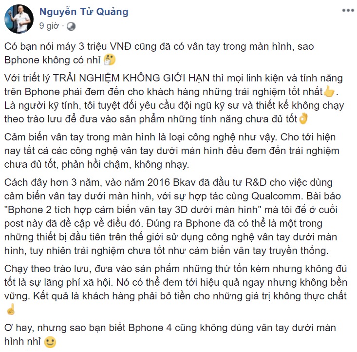 Quảng ca tiết lộ lý do tại sao Bphone 2 và 3 không có cảm biến vân tay dưới màn hình, đã vậy còn chốt thêm câu: Ơ hay, sao bạn biết Bphone 4 cũng không có?