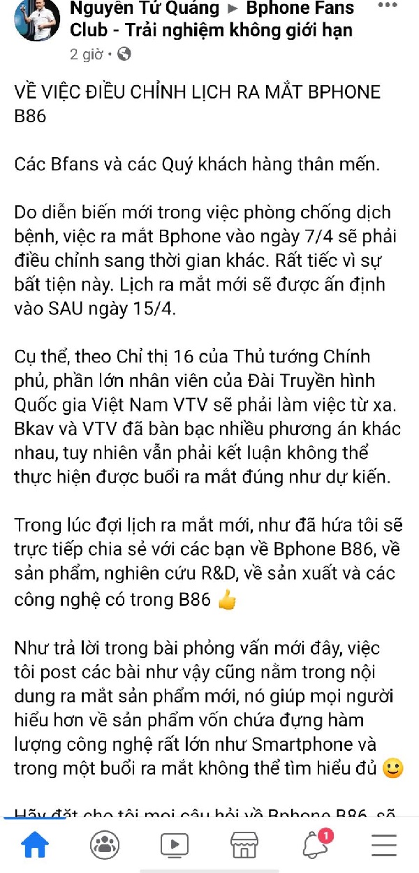 Bfans chắc sẽ buồn lắm đây, CEO Quảng lại vừa thông báo dời lịch ra mắt Bphone mới rồi