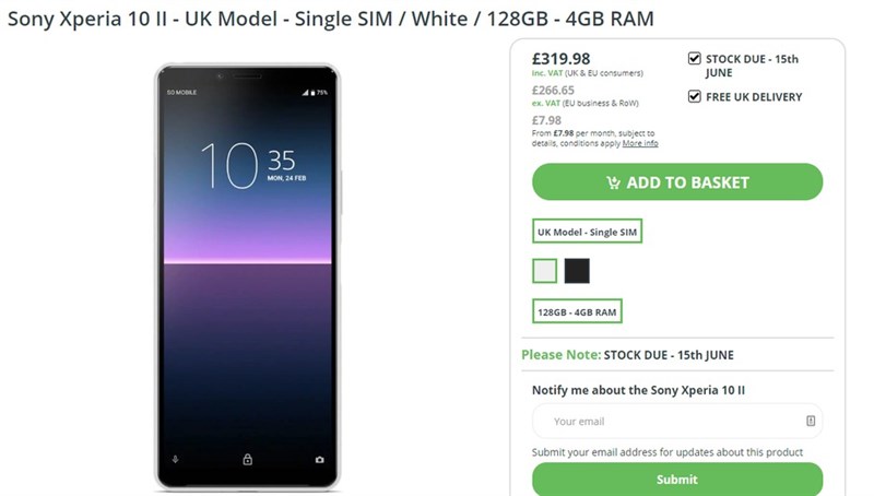 Sony Xperia 10 II đã ra mắt nhưng giá bán thì chưa được công bố, tin vui là giá bán của smartphone này vừa được xác nhận từ 1 nhà bán lẻ ở Anh Sony Xperia 10 II đã ra mắt nhưng giá bán thì chưa được công bố, tin vui là giá bán của smartphone này vừa được xác nhận từ 1 nhà bán lẻ ở Anh