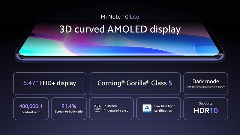 Mi Note 10 Lite sở hữu màn hình AMOLED cong 6.47 inch Mi Note 10 Lite sở hữu màn hình AMOLED cong 6.47 inch