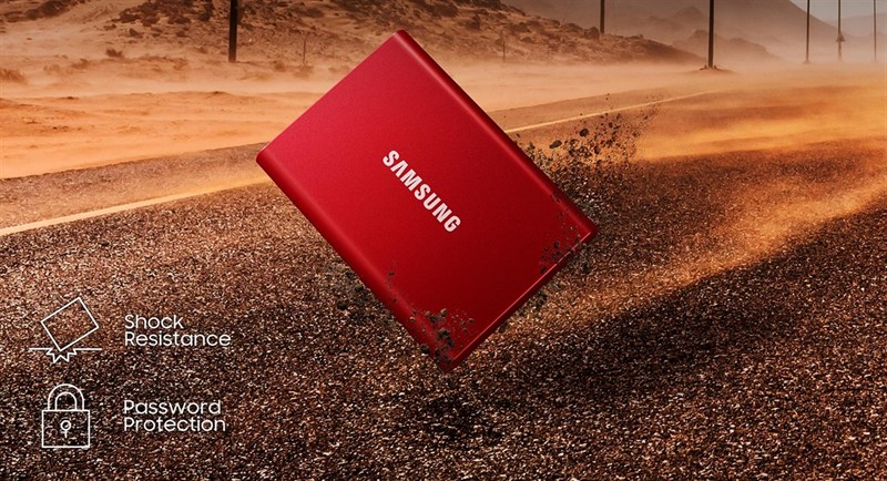 Phần khung của Samsung SSD T7 được làm bằng nhôm chắc chắn, có thể chịu được lực rơi gần 2 m Phần khung của Samsung SSD T7 được làm bằng nhôm chắc chắn, có thể chịu được lực rơi gần 2 m