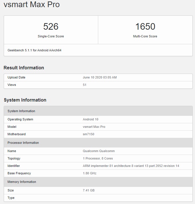 Vsmart Max Pro trên Geekbench