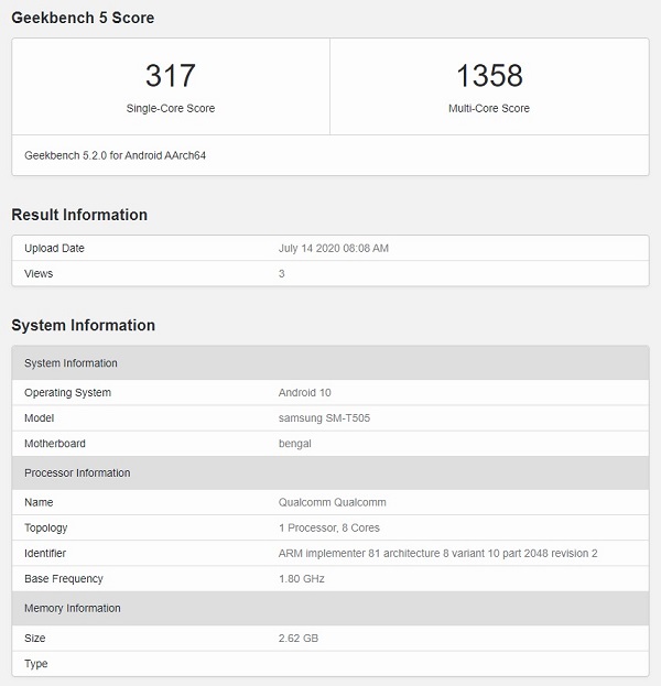 Samsung Galaxy Tab A 7.0 xuất hiện trên Geekbench xác nhận chạy Android 10, dùng chip Snapdragon 662