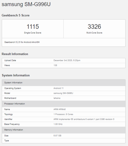 Điểm Geekbench của Galaxy S21 sử dụng con chip Snapdragon 888