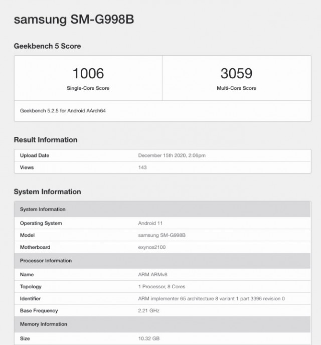 Điểm Geekbench của Samsung Galaxy S21 Ultra sử dụng Exynos 2100