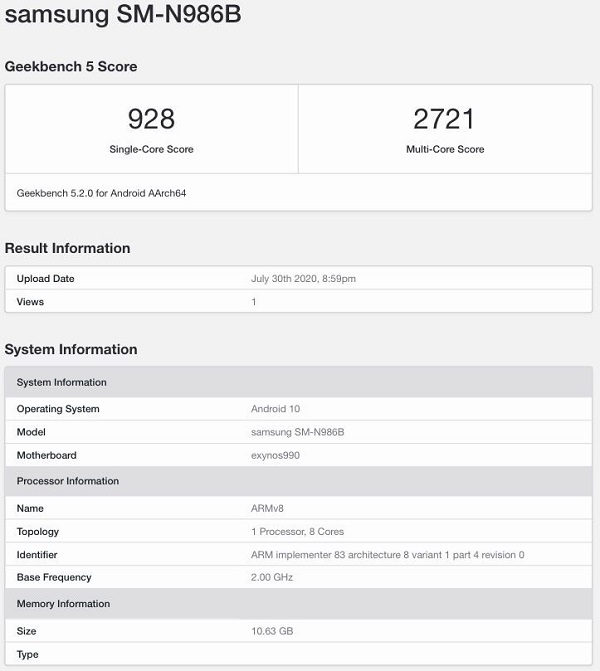 Galaxy Note 20 Ultra với chip Exynos 990 lộ điểm sức mạnh trên Geekbench Galaxy Note 20 Ultra với chip Exynos 990 lộ điểm sức mạnh trên Geekbench