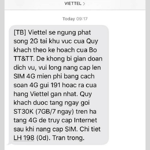 Viettel thông báo tắt mạng 2G