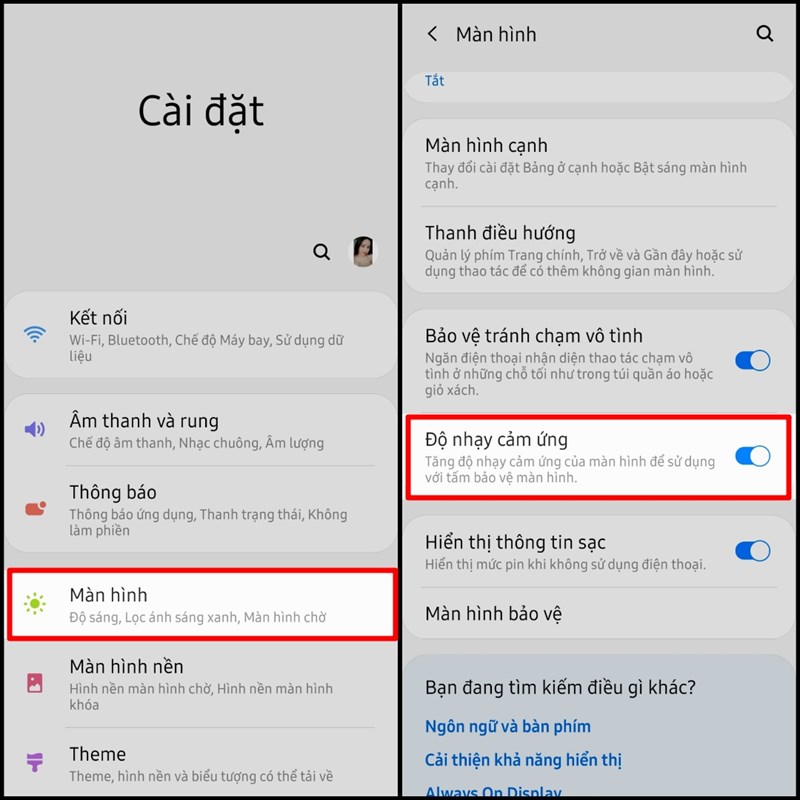 Bật độ nhạy cảm ứng Bật độ nhạy cảm ứng