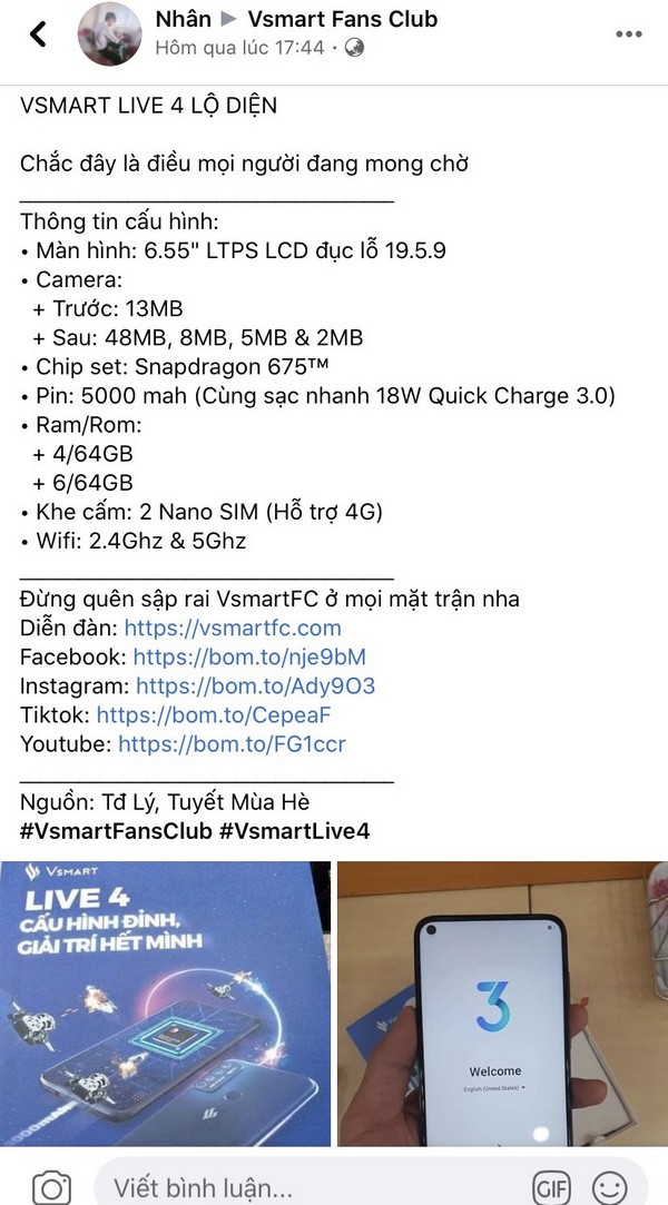 Vsmart Live 4 lộ ảnh thực tế kèm cấu hình chi tiết: Chip Snapdragon 765, pin lên tới 5.000 mAh, 4 camera 48MP mặt sau ‘siêu chụp đêm’