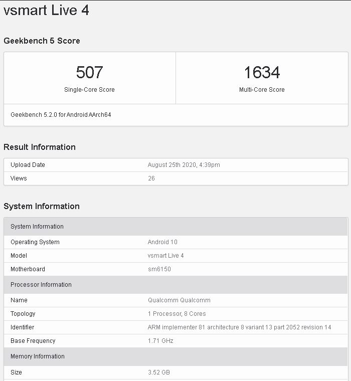 Vsmart Live 4 trên Geekbench