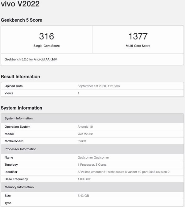 Vivo V20 SE trên Geekbench Vivo V20 SE trên Geekbench