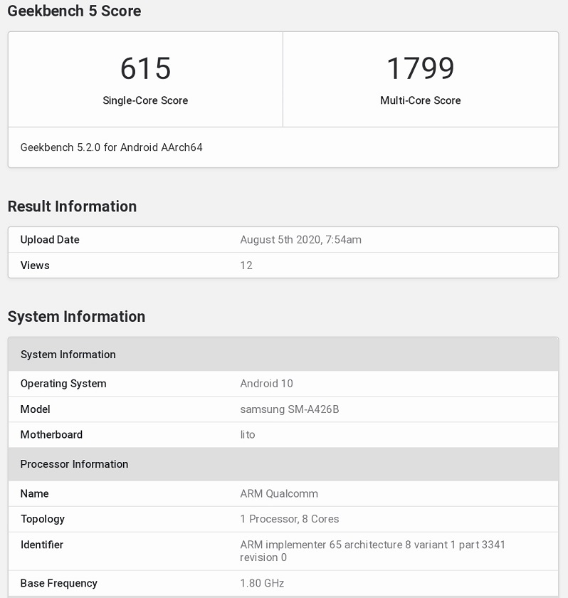 Điểm gekkbench của Samsung Galaxy A42 Điểm gekkbench của Samsung Galaxy A42