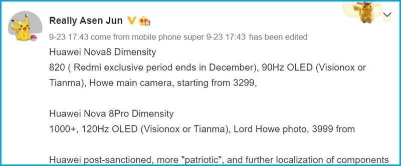 Rò rỉ thông số cấu hình, giá bán của Huawei Nova 8 và Nova 8 Pro: Dùng chip Dimensity 820/Dimensity 1000+, giá bán từ 11 triệu đồng