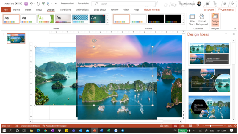 Copy ảnh vào slide trắng, sau đó nhấp chuột vào nút Design Ideas Copy ảnh vào slide trắng, sau đó nhấp chuột vào nút Design Ideas