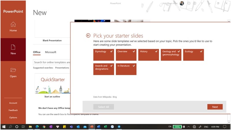 Dựa trên từ khóa tìm kiếm, Microsoft 365 PowerPoint sẽ gợi ý cho bạn các mẫu slide cần có trong bố cục trình bày với chủ đề tương ứng Dựa trên từ khóa tìm kiếm, Microsoft 365 PowerPoint sẽ gợi ý cho bạn các mẫu slide cần có trong bố cục trình bày với chủ đề tương ứng