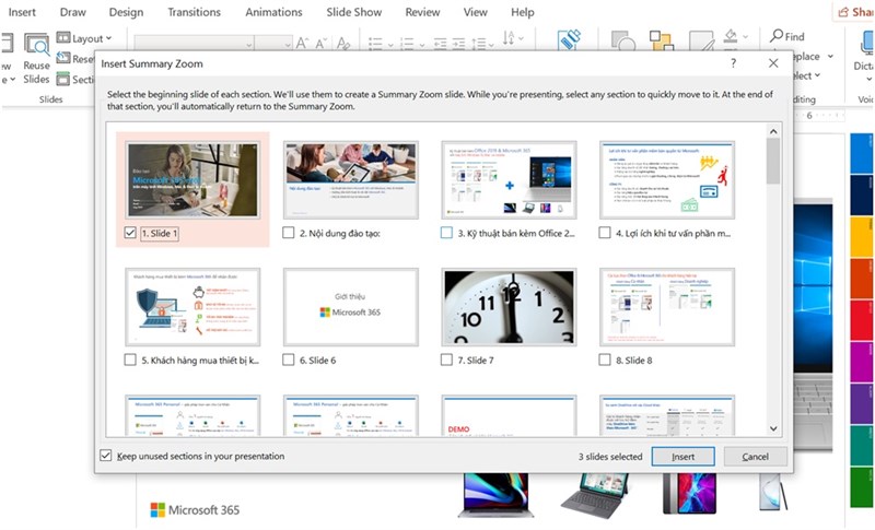 Bấm chọn các Slide mà bạn muốn đưa vào hiệu ứng Summary zoom, sau đó chọn Insert Bấm chọn các Slide mà bạn muốn đưa vào hiệu ứng Summary zoom, sau đó chọn Insert