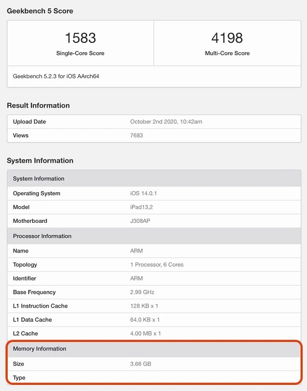 Ngoài chip Apple A14 Bionic cực kỳ mạnh mẽ, mẫu iPad Air 4 mới ra mắt được xác nhận có bộ nhớ RAM 4 GB Ngoài chip Apple A14 Bionic cực kỳ mạnh mẽ, mẫu iPad Air 4 mới ra mắt được xác nhận có bộ nhớ RAM 4 GB