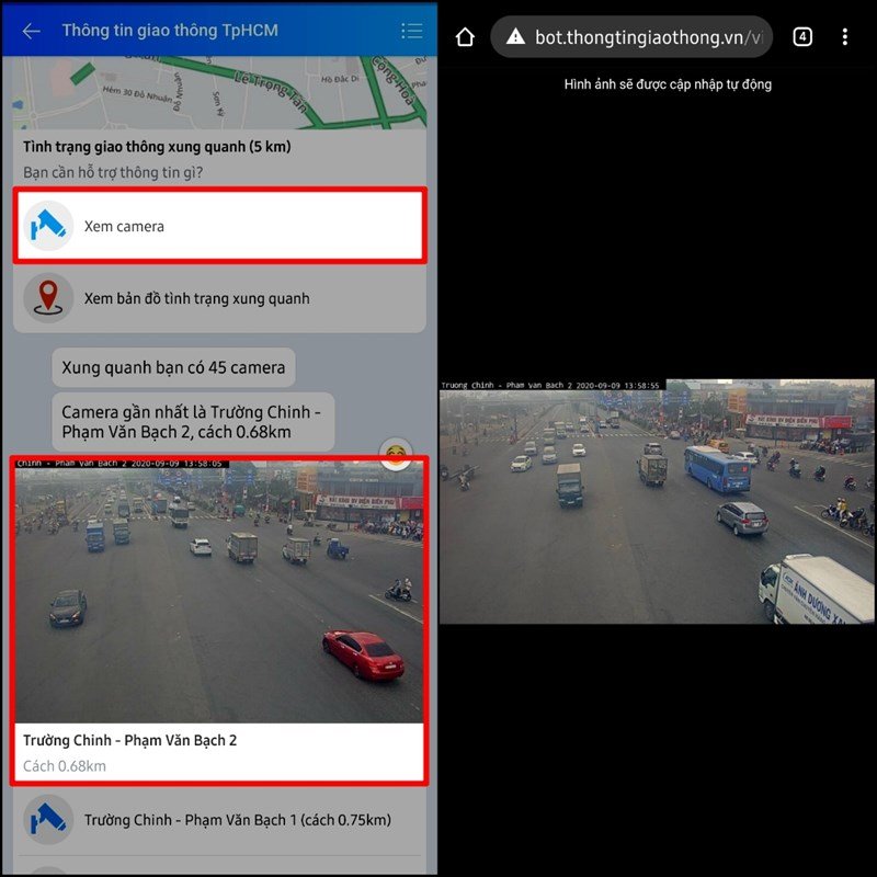 Trên màn hình của bạn lúc này sẽ hiển thị phần tin nhắn của hộp thoại thông tin giao thông TP HCM > Phía dưới cùng chọn mục Thông tin > Chọn Camera Giao thông.