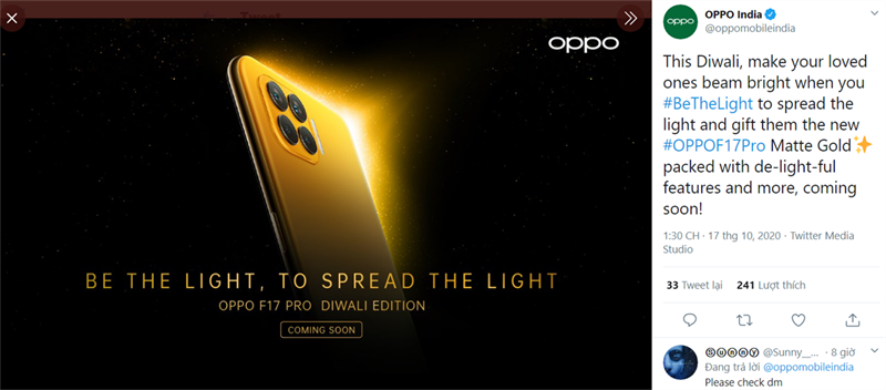 OPPO Ấn Độ đã đăng hình ảnh của F17 Pro Diwali Edition lên Twitter