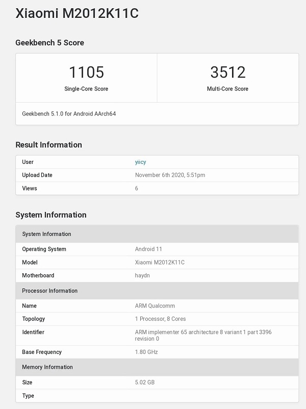 Xiaomi Mi 11 lộ cấu hình sức mạnh trên Geekbench: Dùng chip Snapdragon 875, RAM 6GB, chạy Android 11