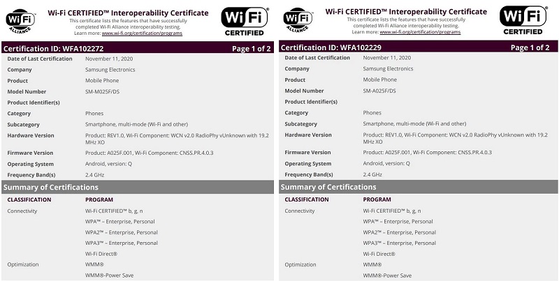 Chứng nhận từ Wi-Fi Aliance của Galaxy M02 và Galaxy A02